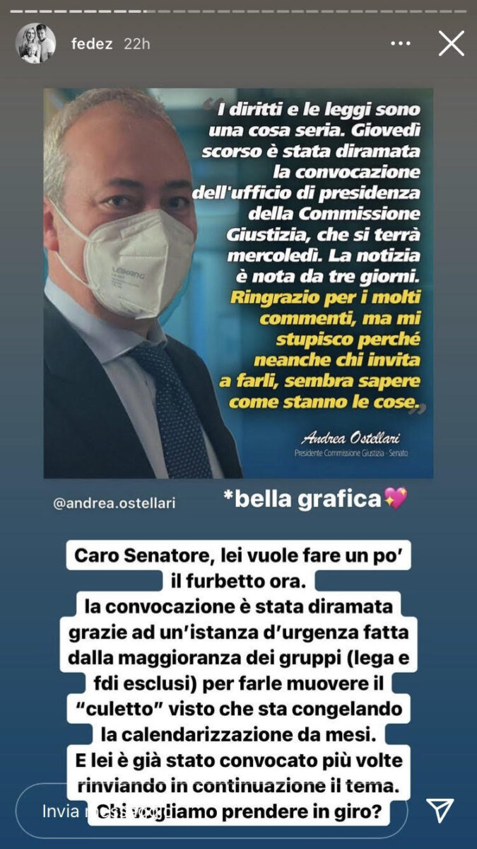 19:00 – Fedez risponde al presidente della commissione giustizia del Senato 19:00 – Fedez risponde al presidente della commissione giustizia del Senato