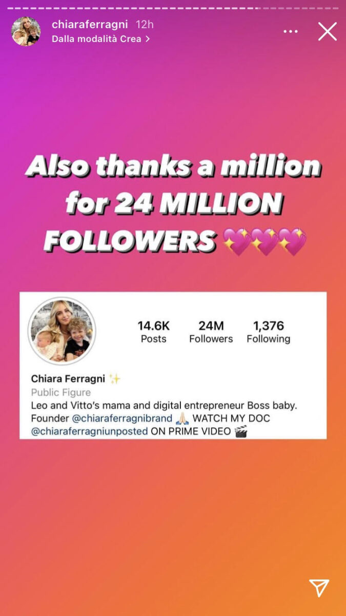 19:00 – Chiara Ferragni supera i 24 milioni di follower 19:00 – Chiara Ferragni supera i 24 milioni di follower
